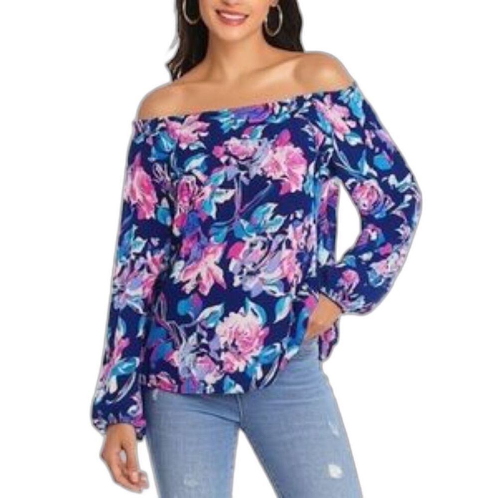 Saks Fifth Avenue Navy Floral Print Off The Shoulder Blouse Size XS